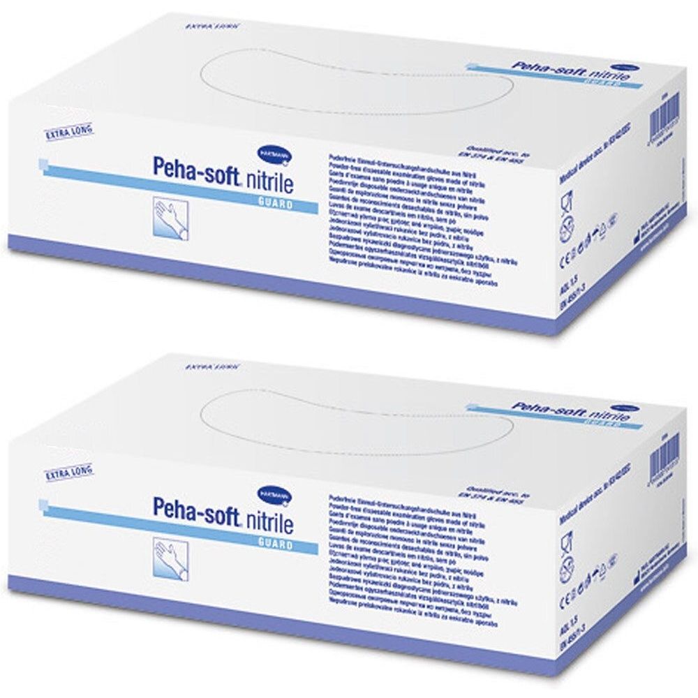 Deux boîtes blanches avec texte bleu. Inscription: Peha-soft nitrile GUARD. Extra Long. Marquage CE.