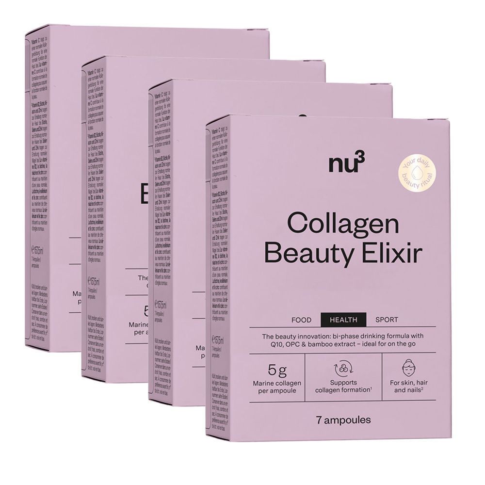 Plusieurs boîtes de « Collagen Beauty Elixir » de nu3. Chaque boîte contient 7 ampoules. Inscriptions : 5g de collagène marin, favorise la formation de collagène.