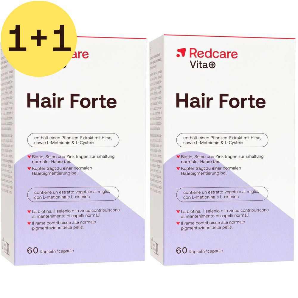 Deux boîtes Redcare Vita+ Hair Forte avec offre 1+1. Boîtes blanches avec nom et informations. 60 capsules.
