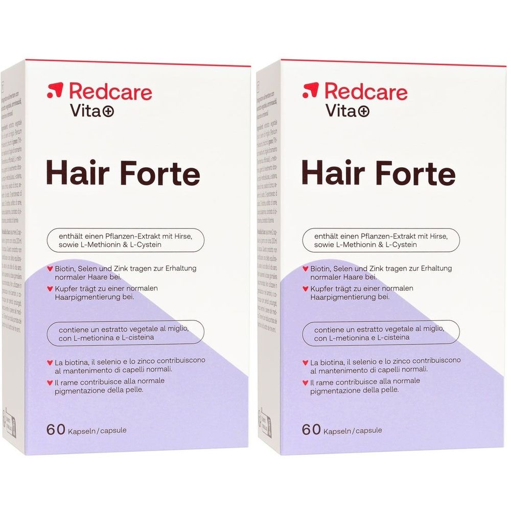 Deux boîtes Redcare Vita+ Hair Forte. Emballage blanc avec logo rouge et nom du produit. Contient 60 gélules.