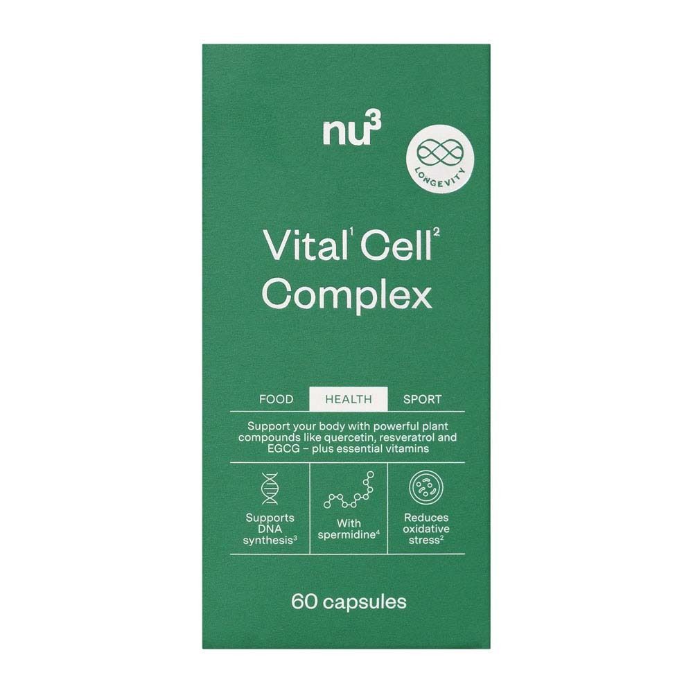 Boîte verte avec inscription : nu3 Vital Cell Complex. Contient 60 gélules. Logos.