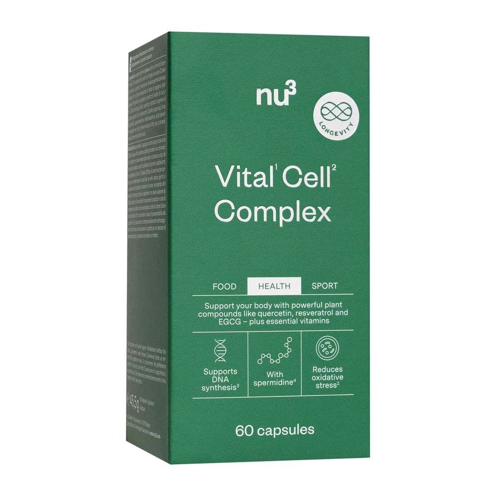 Boîte verte avec inscription : nu3 Vital Cell Complex. Logos. Contient 60 gélules.
