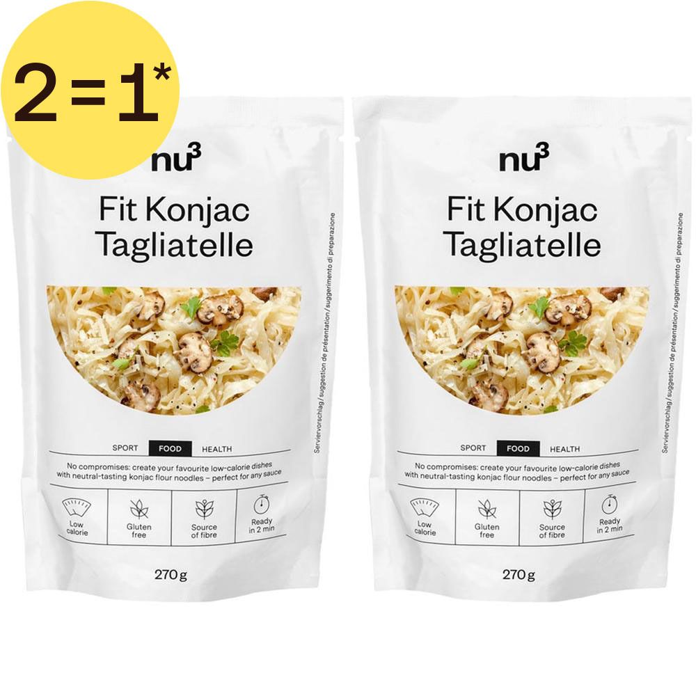 Deux paquets de nu3 Fit Konjak Tagliatelle, chacun 270g, garni de champignons et d'herbes. Autocollant "2=1*".