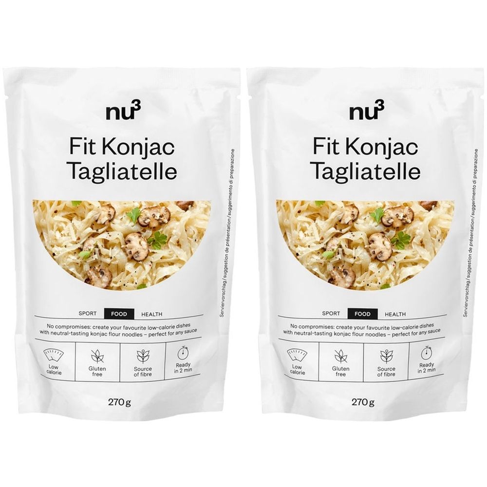 Deux sachets de nu3 Fit Konjac Tagliatelle. Impression : image du produit, texte, informations nutritionnelles, 270g.