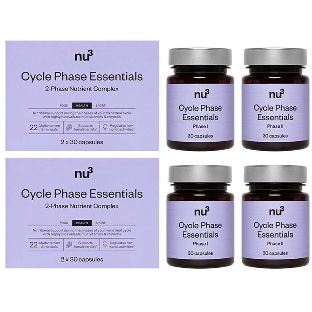 Deux boîtes et quatre flacons de gélules. Inscription : nu3 Cycle Phase Essentials. 2 x 30 gélules. Complexe nutritionnel 2 phases.