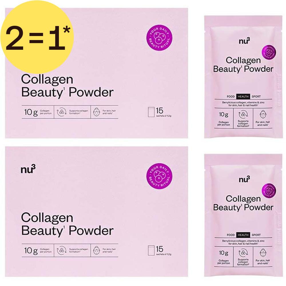 Deux boîtes et deux sachets de nu3 Collagen Beauty Powder, avec un autocollant "2=1".