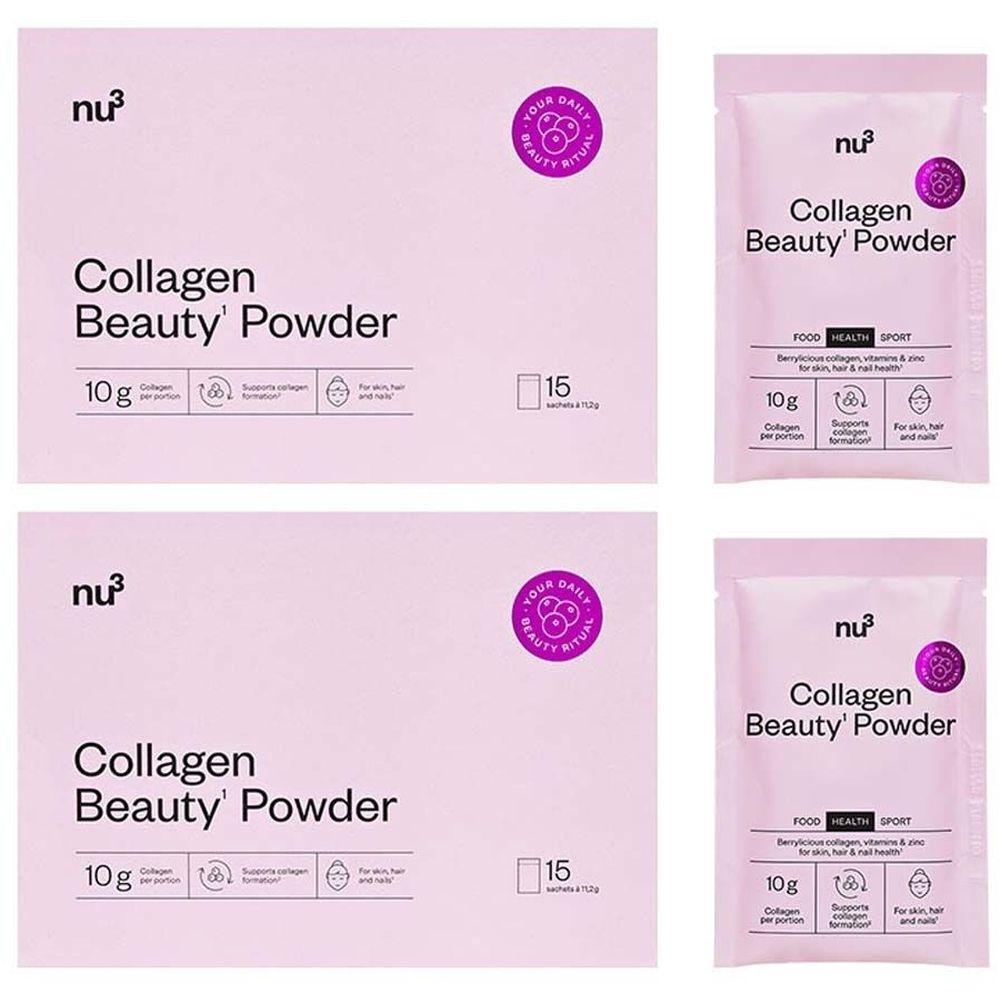 Emballage rose "nu3 Collagen Beauty' Powder". 15 sachets. Inscriptions: 10g par portion, pour la peau, les cheveux et les ongles.