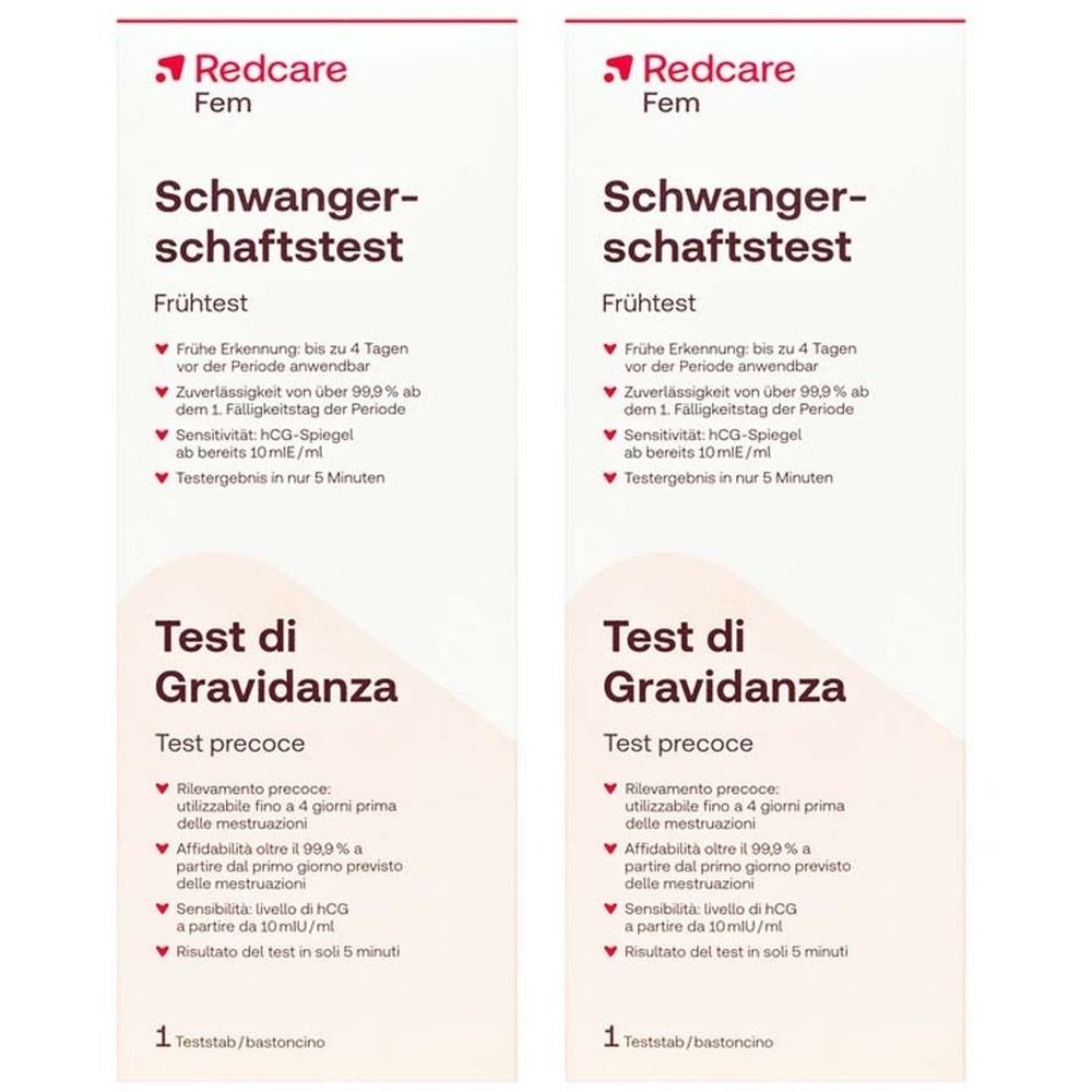 Deux boîtes de test de grossesse blanches avec texte rouge. Logo Redcare Fem en haut à gauche. Texte : Schwangerschaftstest, Test di Gravidanza.