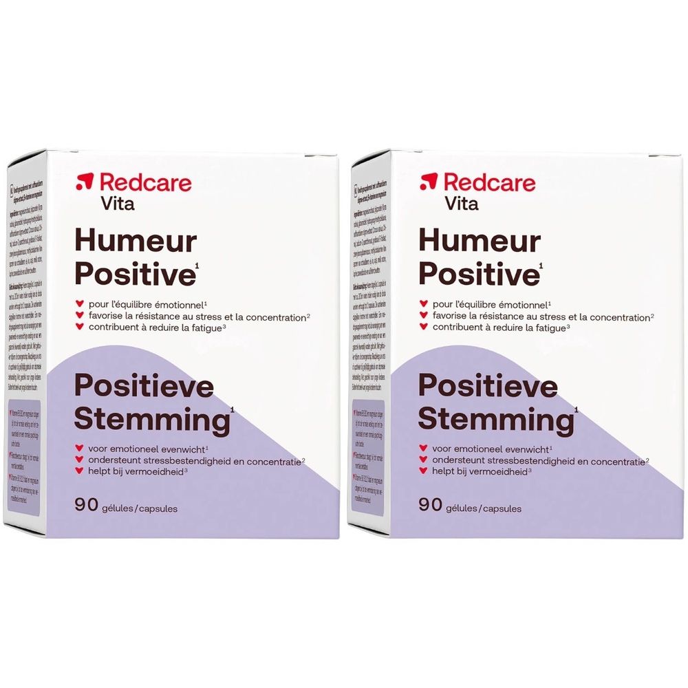 Deux boîtes de Redcare Vita Humour Positive, 90 gélules. Boîtes blanches avec accents violets et informations produit.