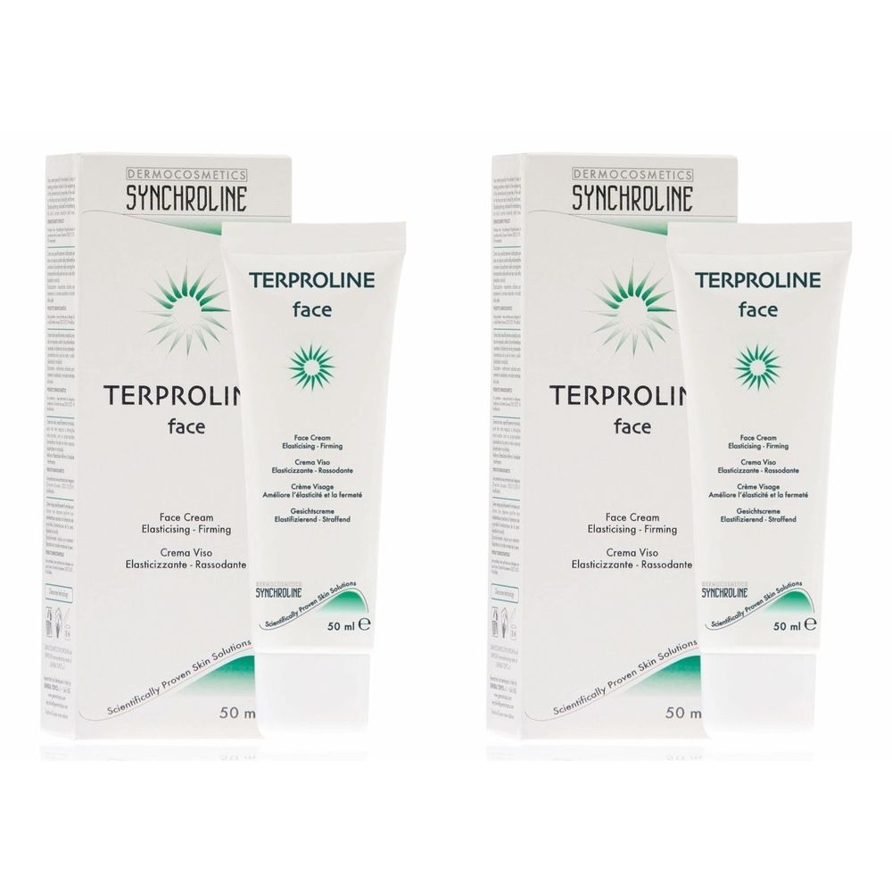 Deux boîtes et tubes de crème visage SYNCHROLINE TERPROLINE. Emballage blanc avec accents verts et nom du produit.