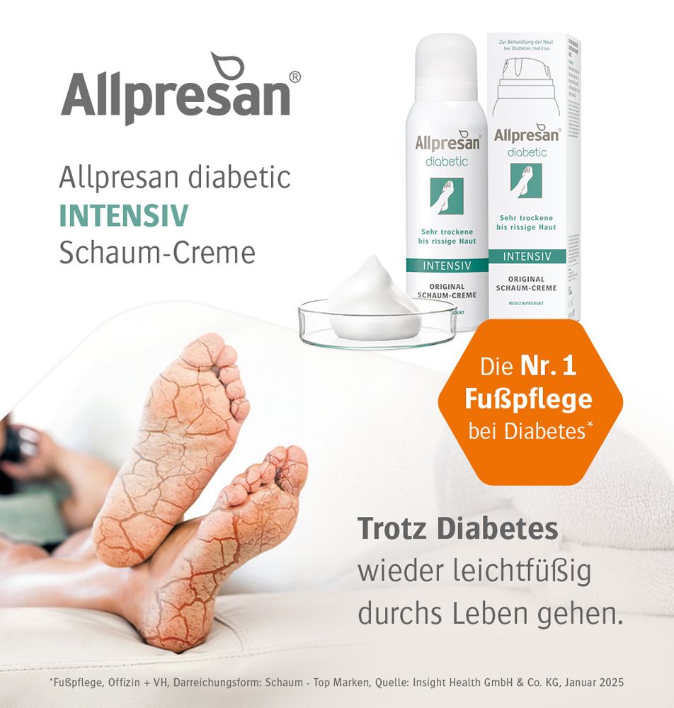 Publicité avec Allpresan diabetic INTENSIV Schaum-Creme. Pieds avec peau sèche, image du produit et texte: Le n°1 des soins des pieds pour diabétiques.