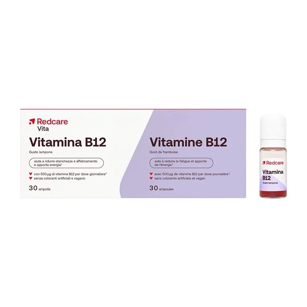 Une boîte de Redcare Vitamine B12 et une ampoule individuelle.