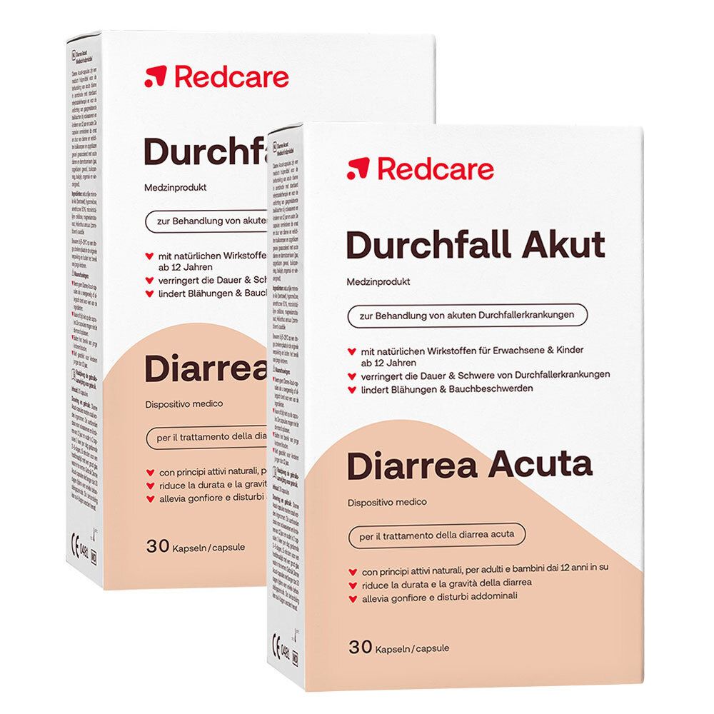 Deux boîtes blanches avec le nom du produit « Durchfall Akut » et la marque « Redcare ». Texte en allemand et italien. 30 gélules.