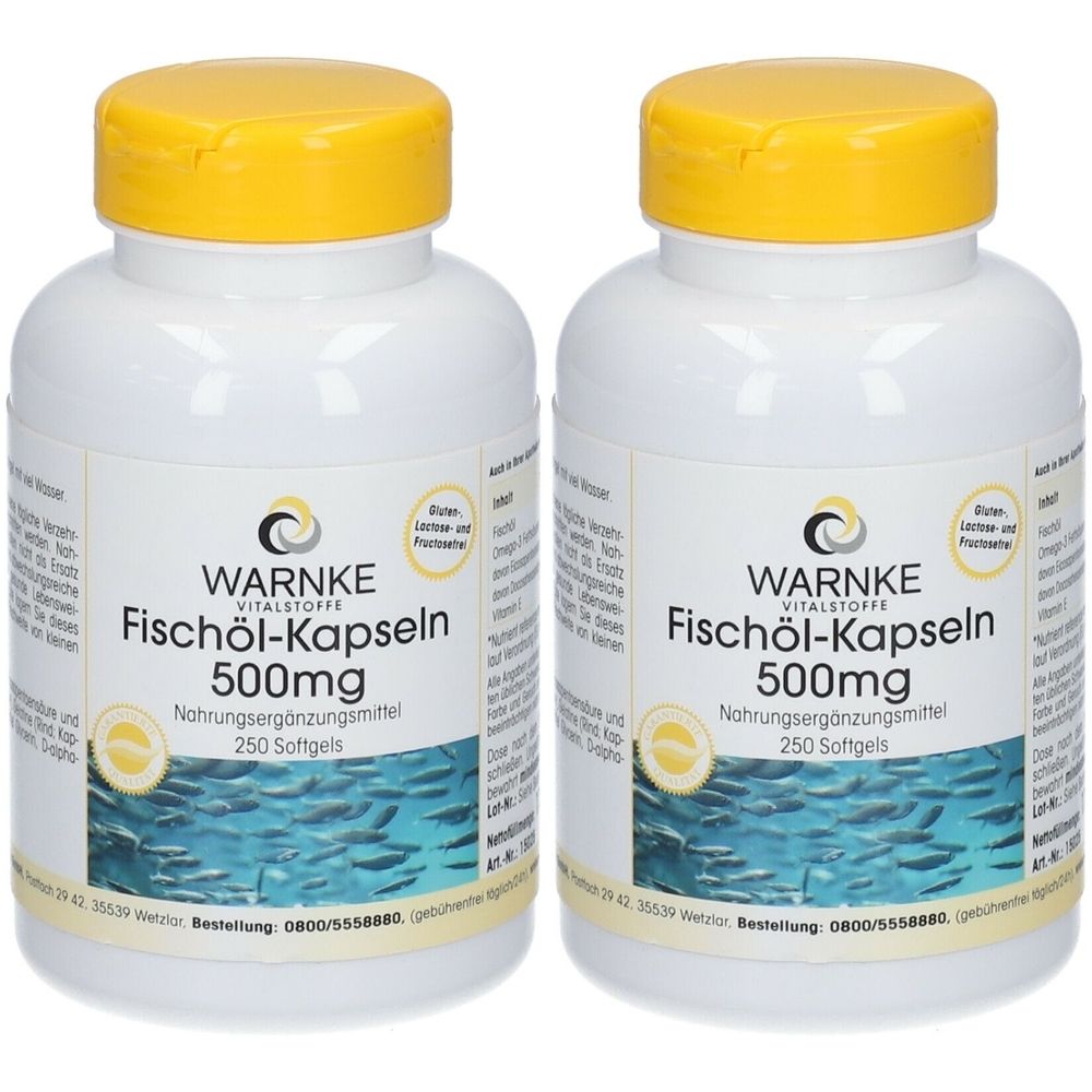 Deux flacons blancs avec des bouchons jaunes. Étiquettes: "WARNKE Fischöl-Kapseln 500mg". 250 gélules. Complément alimentaire.
