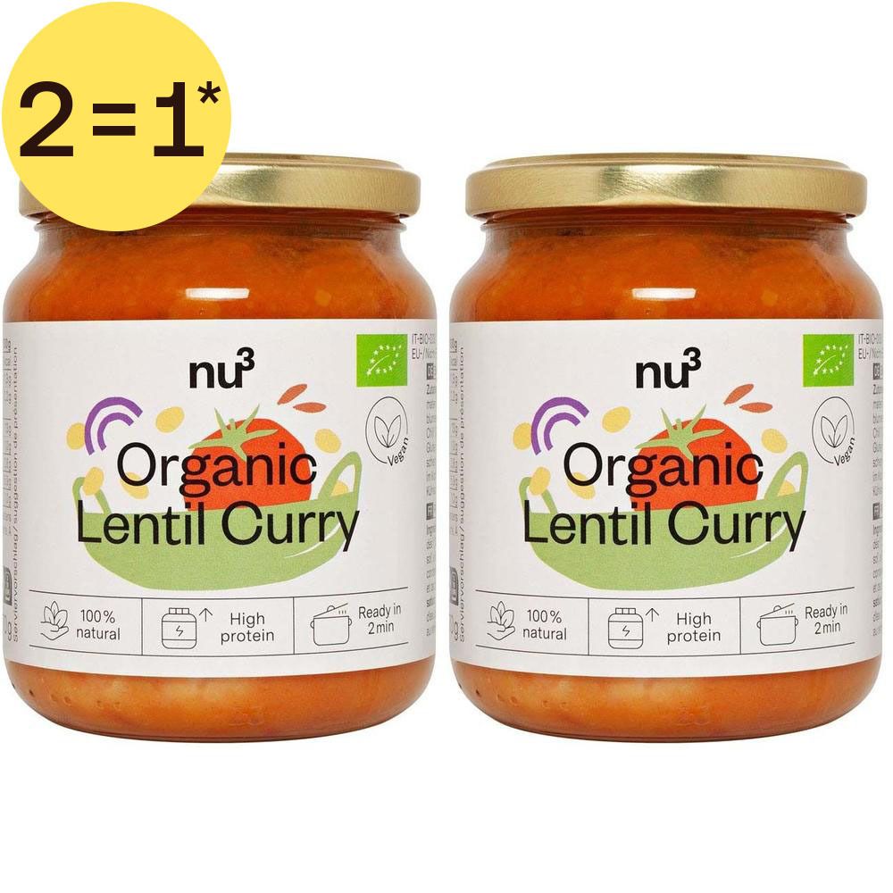 Deux pots de curry de lentilles bio nu3, l'un avec un autocollant "2=1".