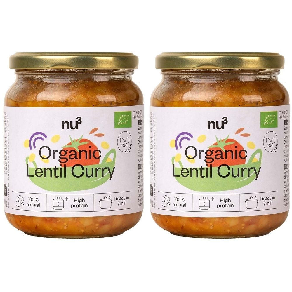 Deux pots de curry de lentilles. Étiquettes avec "nu3 Organic Lentil Curry". Avec label bio et autres informations.