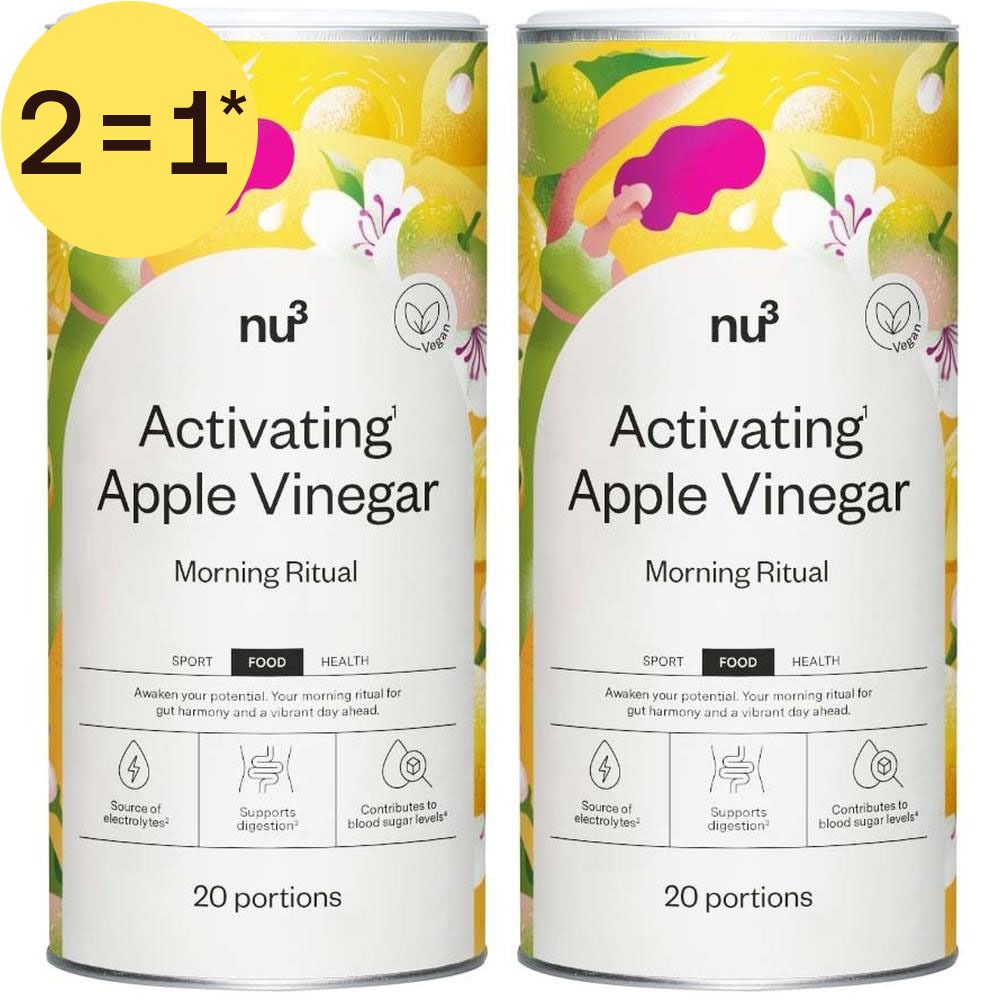 Deux boîtes de vinaigre de cidre activateur nu3, 20 portions par boîte. Avec autocollant 2=1*.