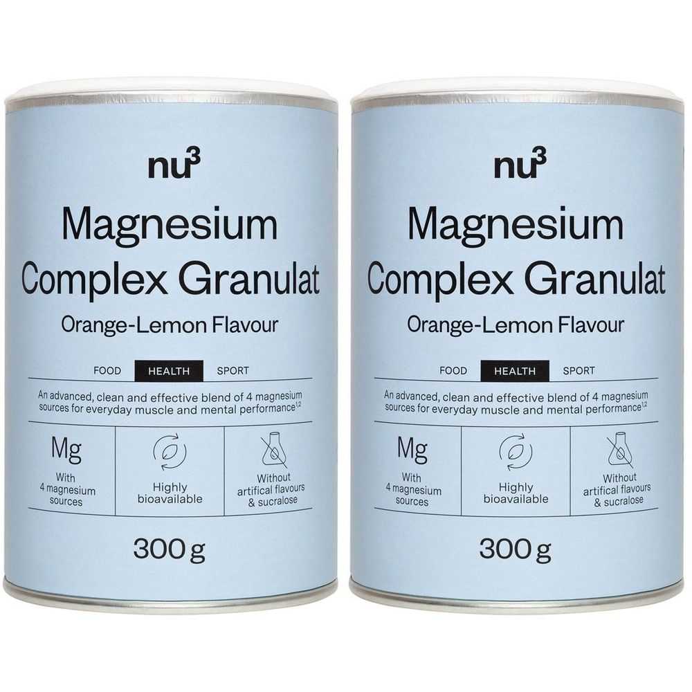 Deux boîtes de Magnesium Complex Granulat. Inscription : nu3, Magnesium Complex Granulat, Orange-Lemon Flavour. 300g. Avec 4 sources de magnésium.