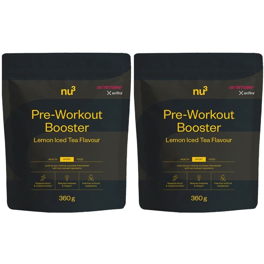 Deux sachets de nu3 Pre-Workout Booster, saveur Lemon Iced Tea. Emballage noir avec texte jaune. Contient 360g.