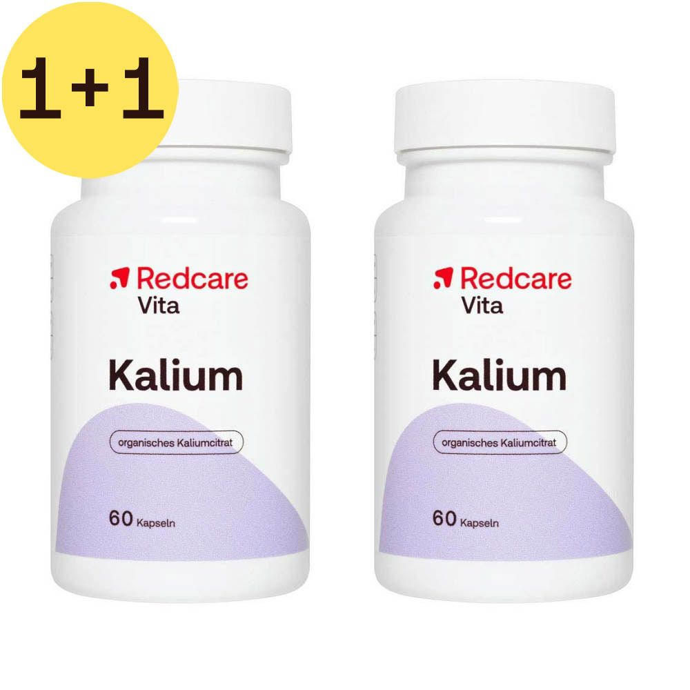 Deux flacons Redcare Vita Kalium. Inscription : Kalium, 60 gélules. Autocollant jaune : 1+1.
