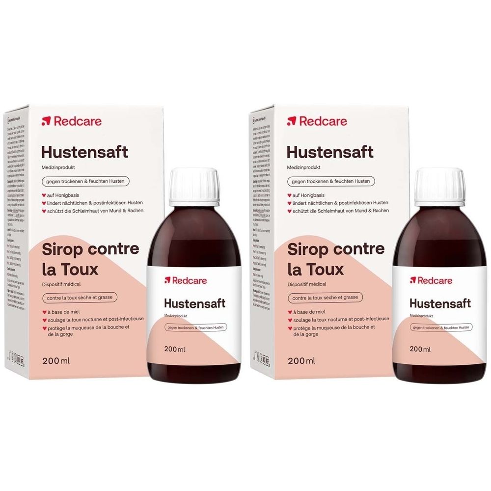 Deux flacons de sirop contre la toux avec emballage. Inscription: Redcare Hustensaft, Sirop contre la Toux. Flacons de liquide brun.
