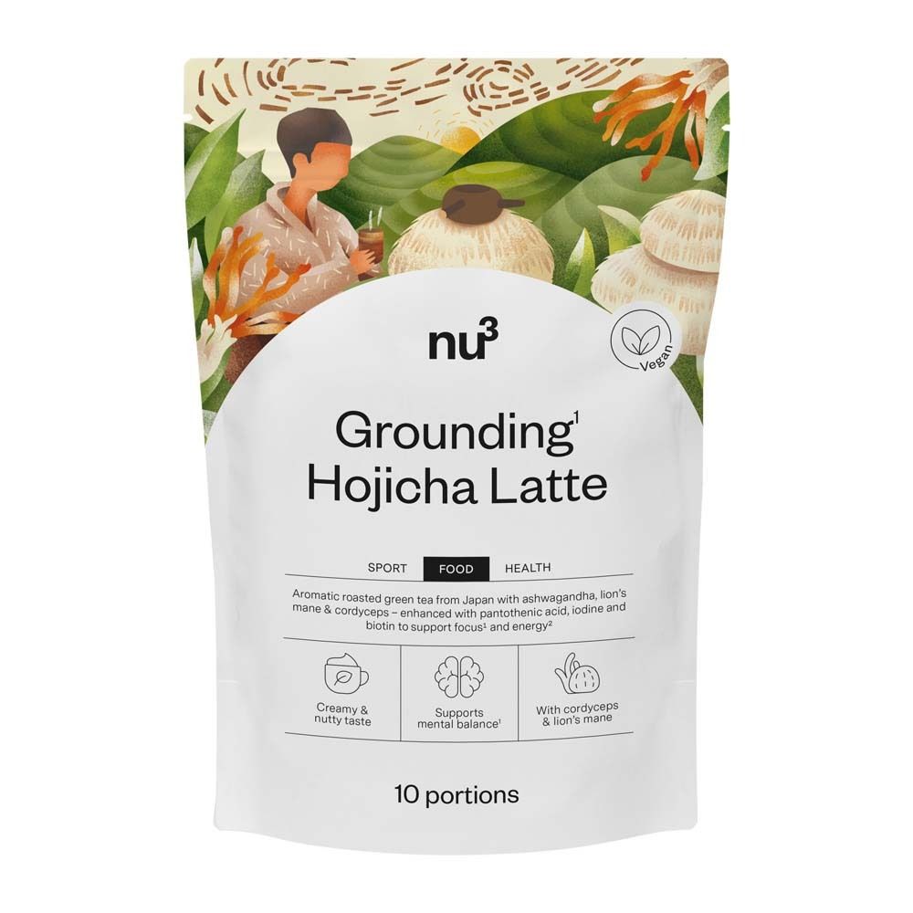 Sachet de nu3 Grounding Hojicha Latte. Sachet blanc avec nom du produit, illustration et label Vegan.