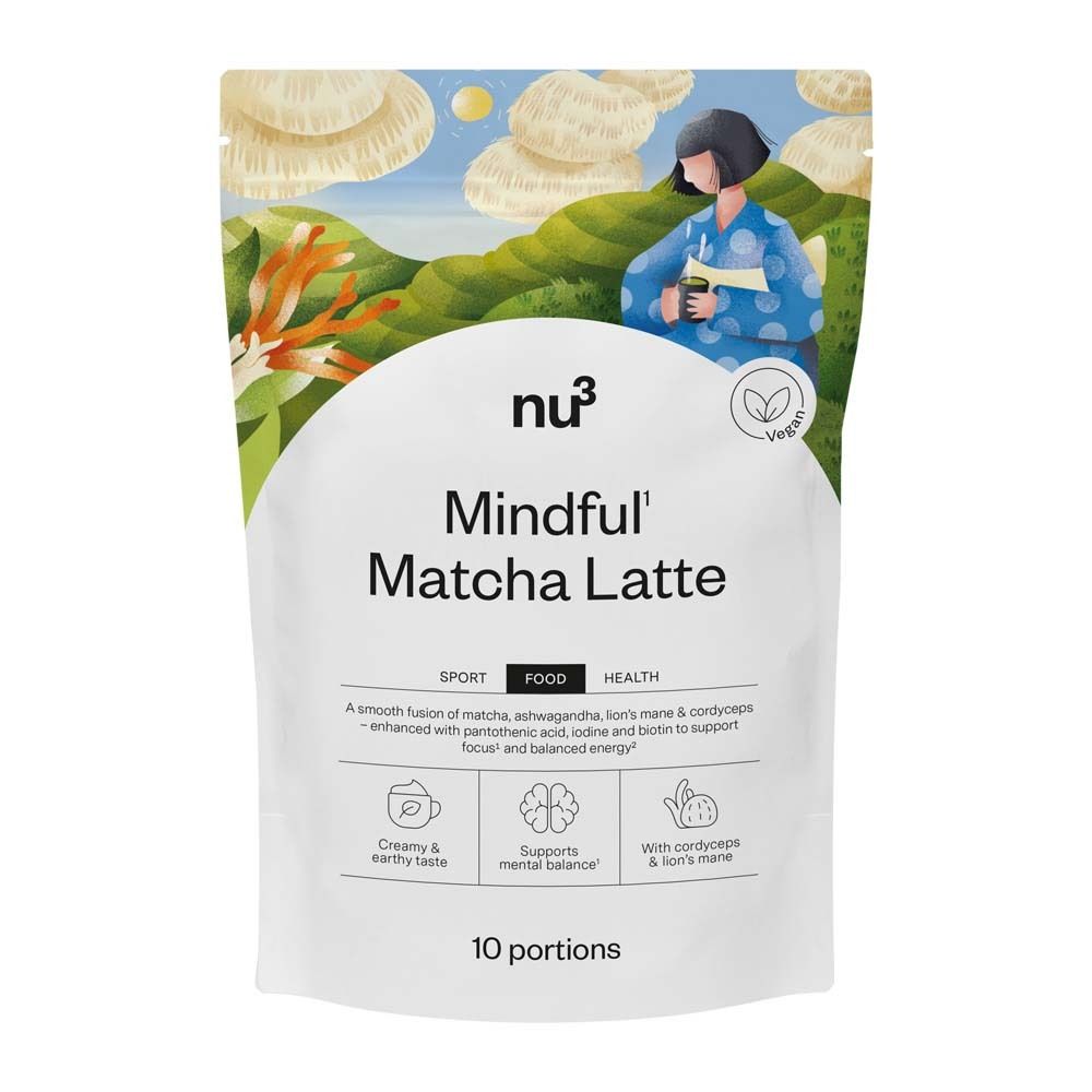 Sachet de nu3 Mindful Matcha Latte. Inscription : Matcha Latte, 10 portions, vegan. Illustration d'une femme.