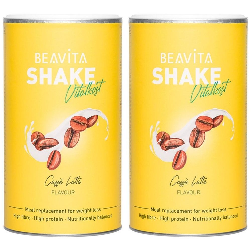 Deux boîtes jaunes avec BEAVITA SHAKE Vitalkost. Image de grains de café et texte Caffè Latte.
