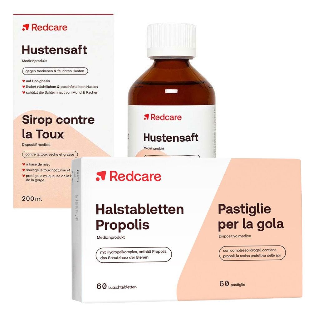 Trois produits médicaux: sirop contre la toux en flacon et boîte, pastilles pour la gorge en boîte. Tous avec le logo Redcare.