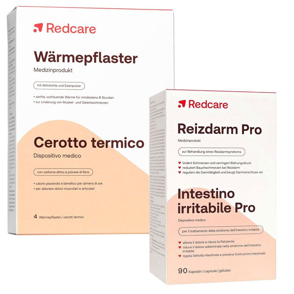 Deux boîtes de produits. À gauche : Wärmepflaster. À droite : Reizdarm Pro. Logos Redcare rouges. Textes en allemand et italien.