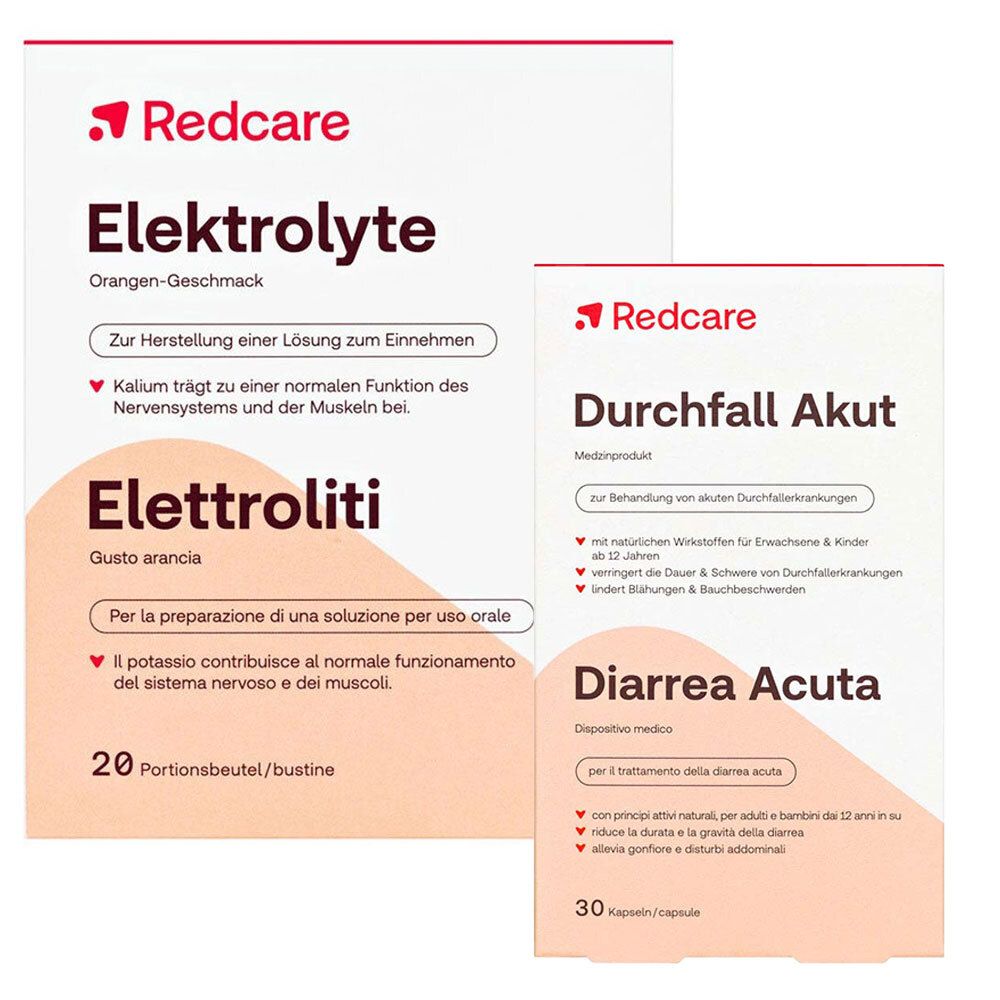 Deux boîtes. À gauche : Redcare Elektrolyte, 20 sachets. À droite : Redcare Durchfall Akut, 30 capsules. Texte en allemand et italien.