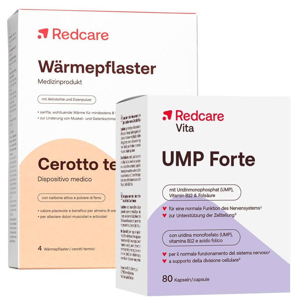 Trois boîtes de produits. Redcare Wärmepflaster, Cerotto te et Redcare Vita UMP Forte. Texte sur les emballages.