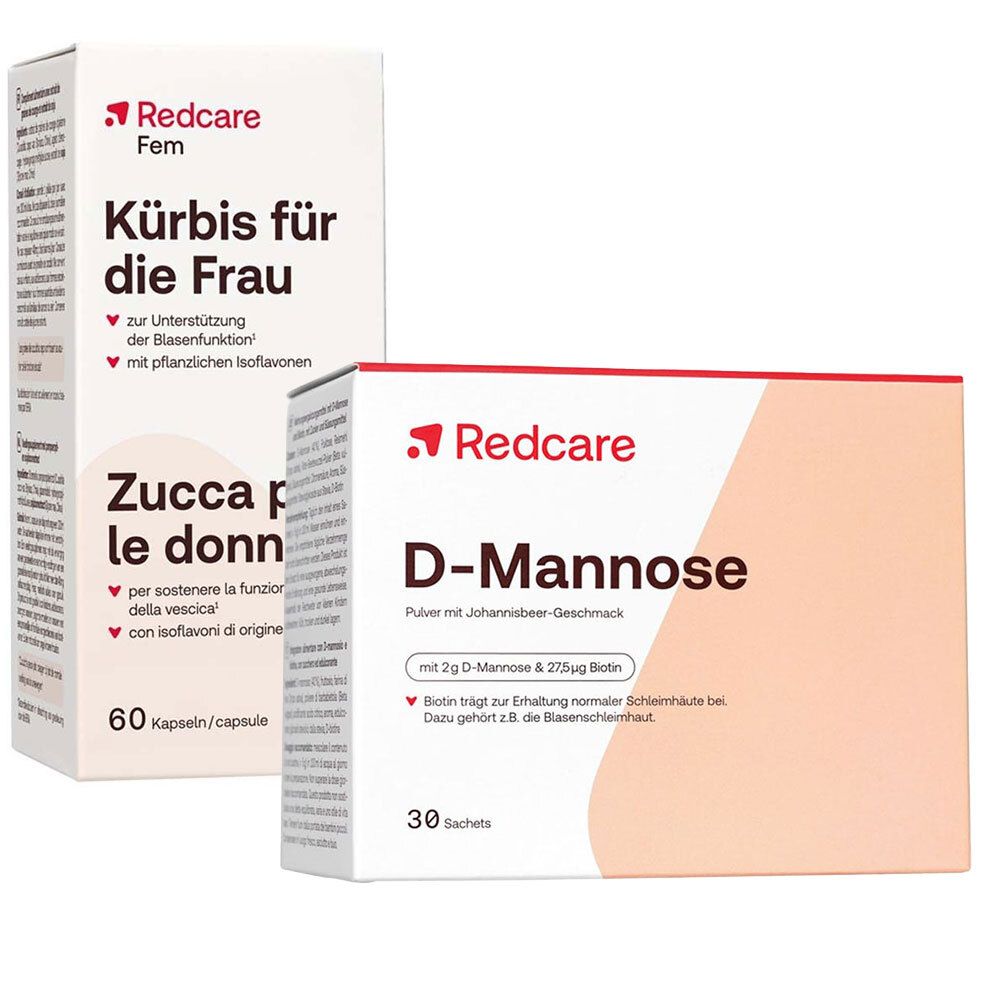 Deux boîtes de produits. L'une avec "Kürbis für die Frau", l'autre avec "D-Mannose". Les deux avec le logo "Redcare".