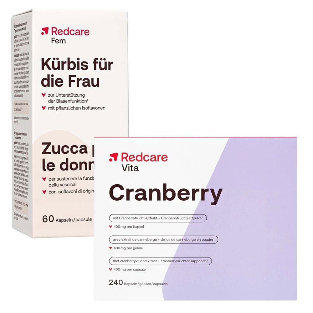Deux boîtes de produits. Une boîte blanche avec « Redcare Fem Kürbis für die Frau ». À côté, une boîte violette avec « Redcare Vita Cranberry ».