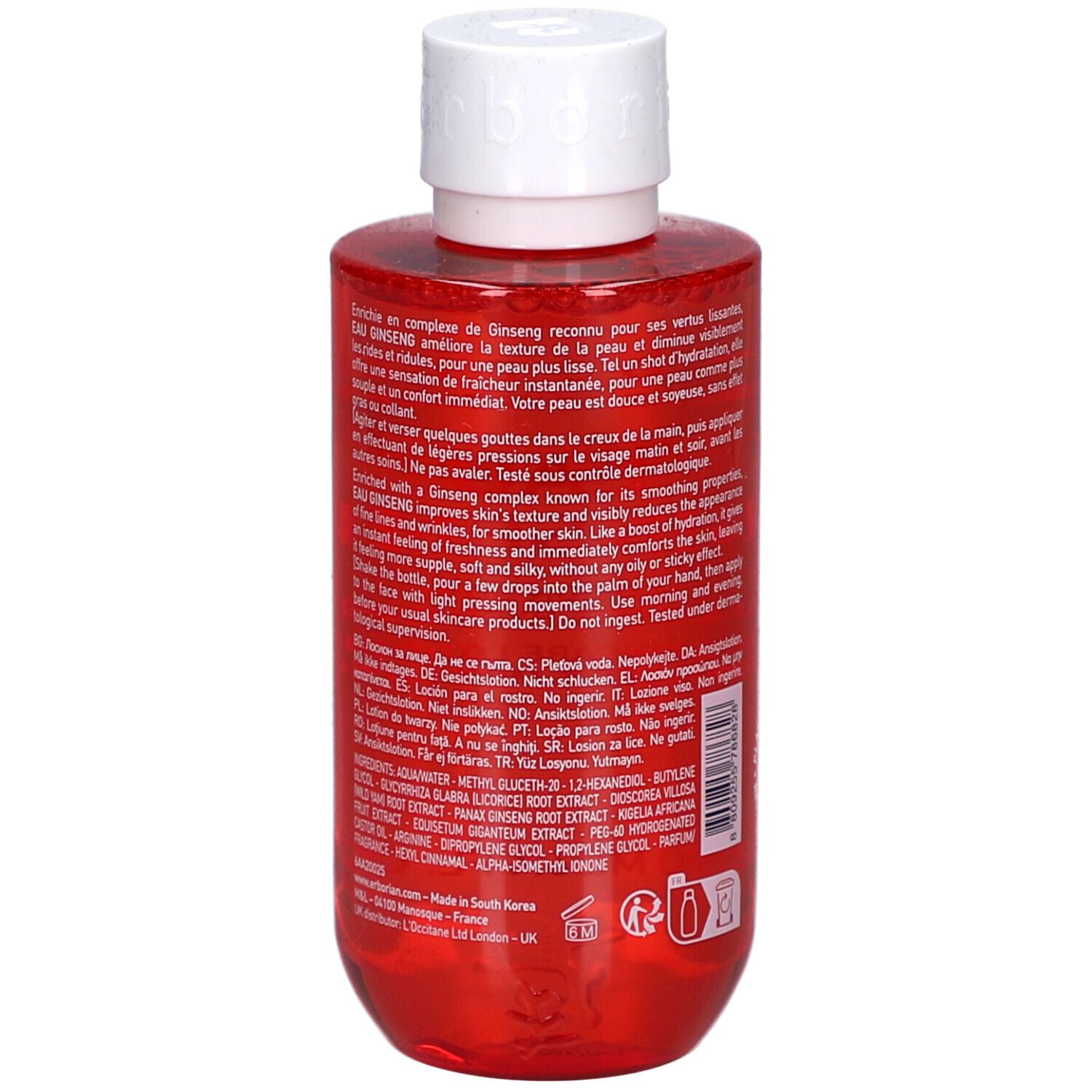 Flacon rouge avec bouchon blanc. Dos avec texte. Inscription: Eau Ginseng, ingrédients, mode d'emploi.