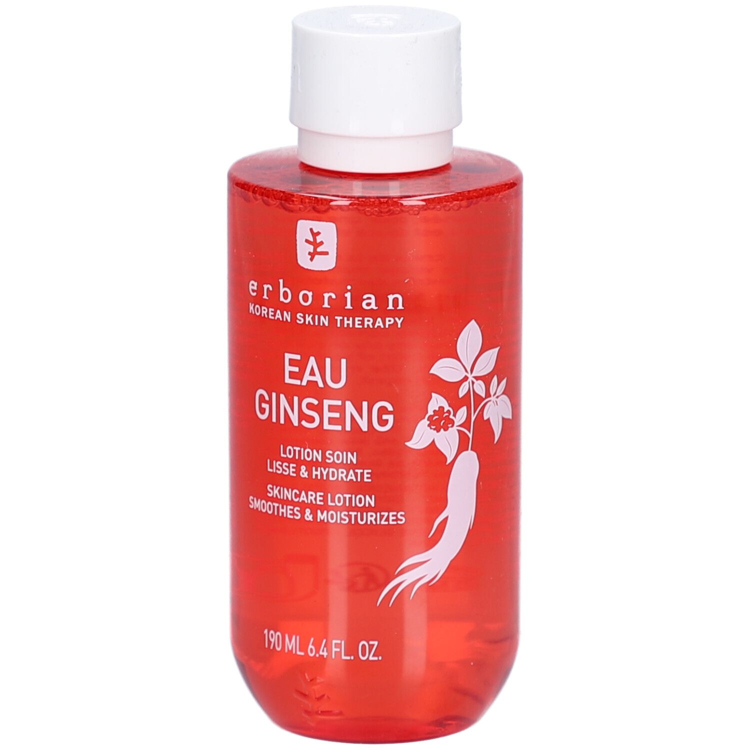Flacon rouge avec bouchon blanc. Inscription: Eau Ginseng, Lotion Soin, Lisse & Hydrate, Skincare Lotion, Smoothes & Moisturizes. Marque: Erborian.
