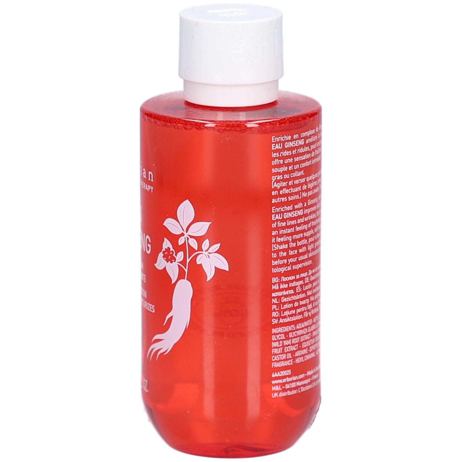 Flacon rouge avec bouchon blanc. Dos avec texte. Inscription: Eau Ginseng, ingrédients, mode d'emploi.