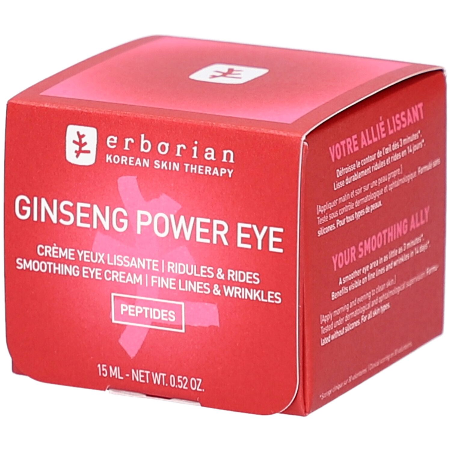 Boîte rouge Ginseng Power Eye, crème yeux lissante. Contient des peptides. 15 ml.