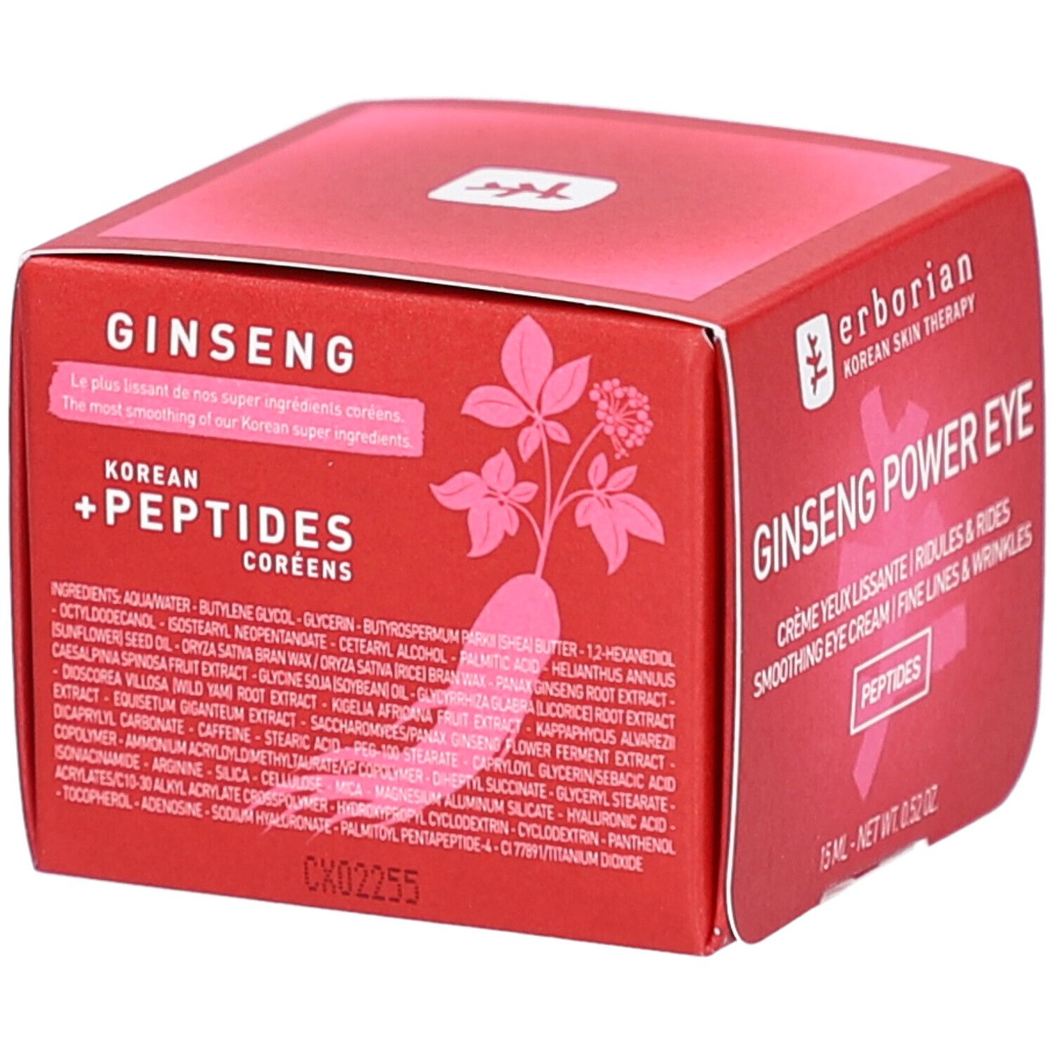Boîte rouge Ginseng + Peptides. Ingrédients listés. Korean Skin Therapy.