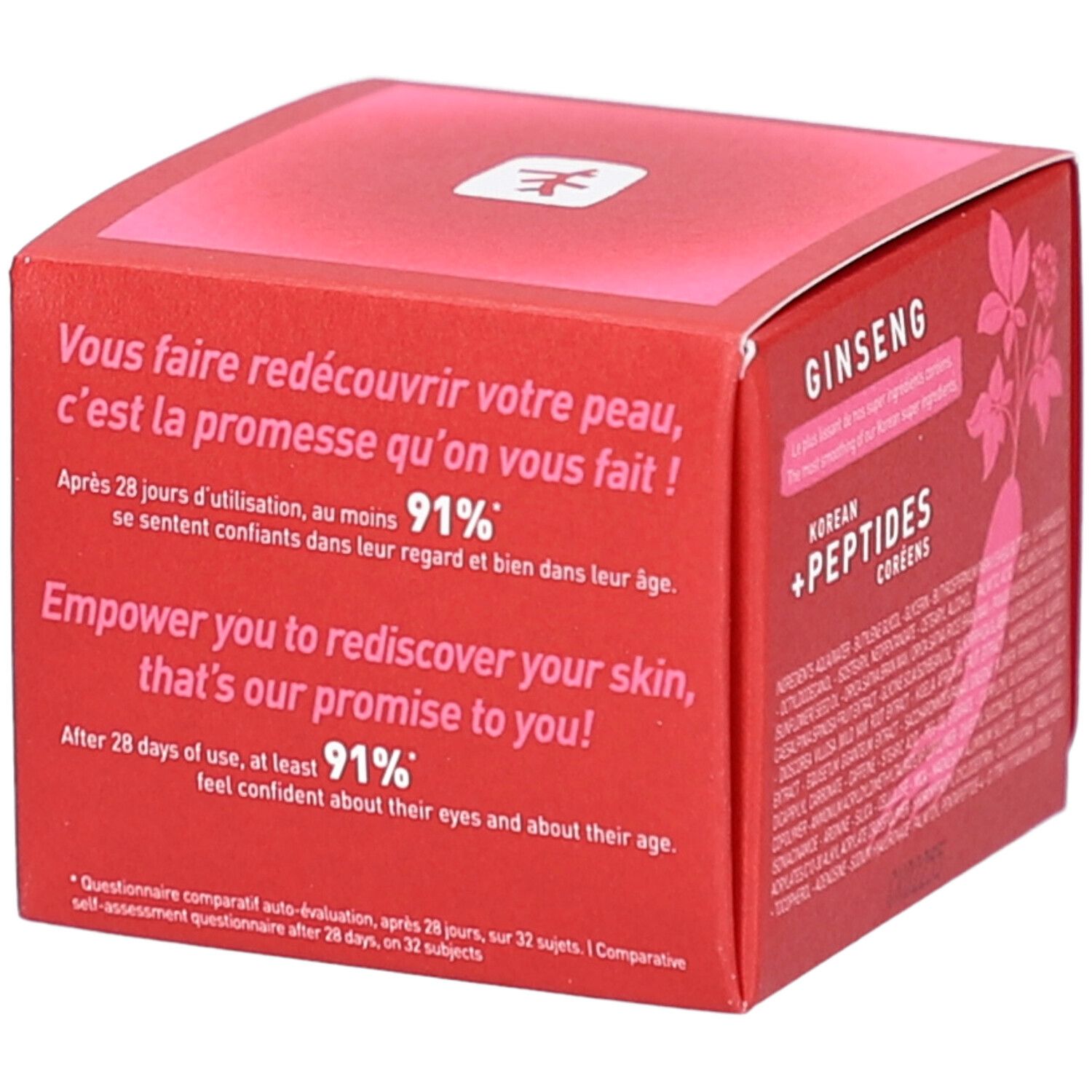 Boîte rouge avec texte: 91% se sentent mieux. Après 28 jours d'utilisation.