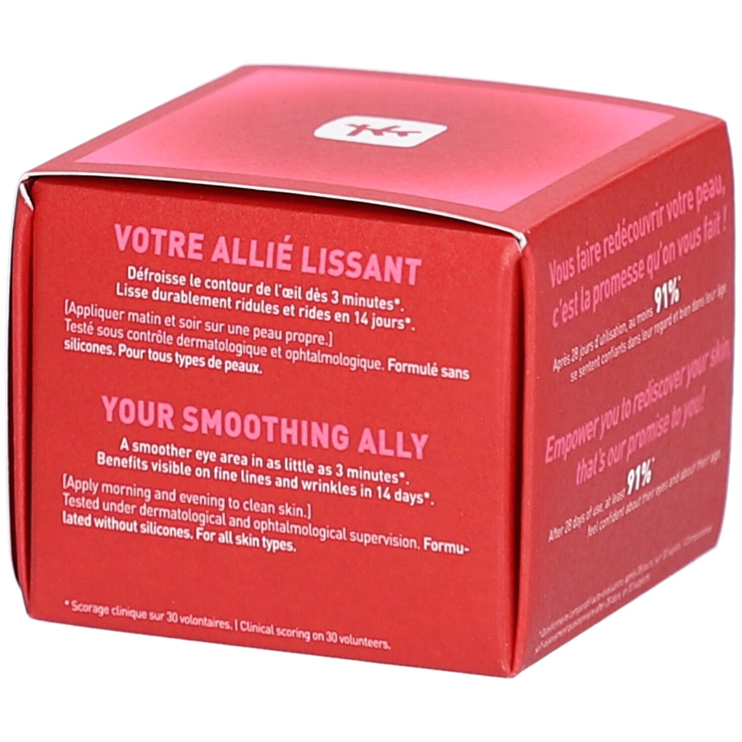Boîte rouge avec texte: Effet lissant en 3 minutes. Pour tous types de peau.