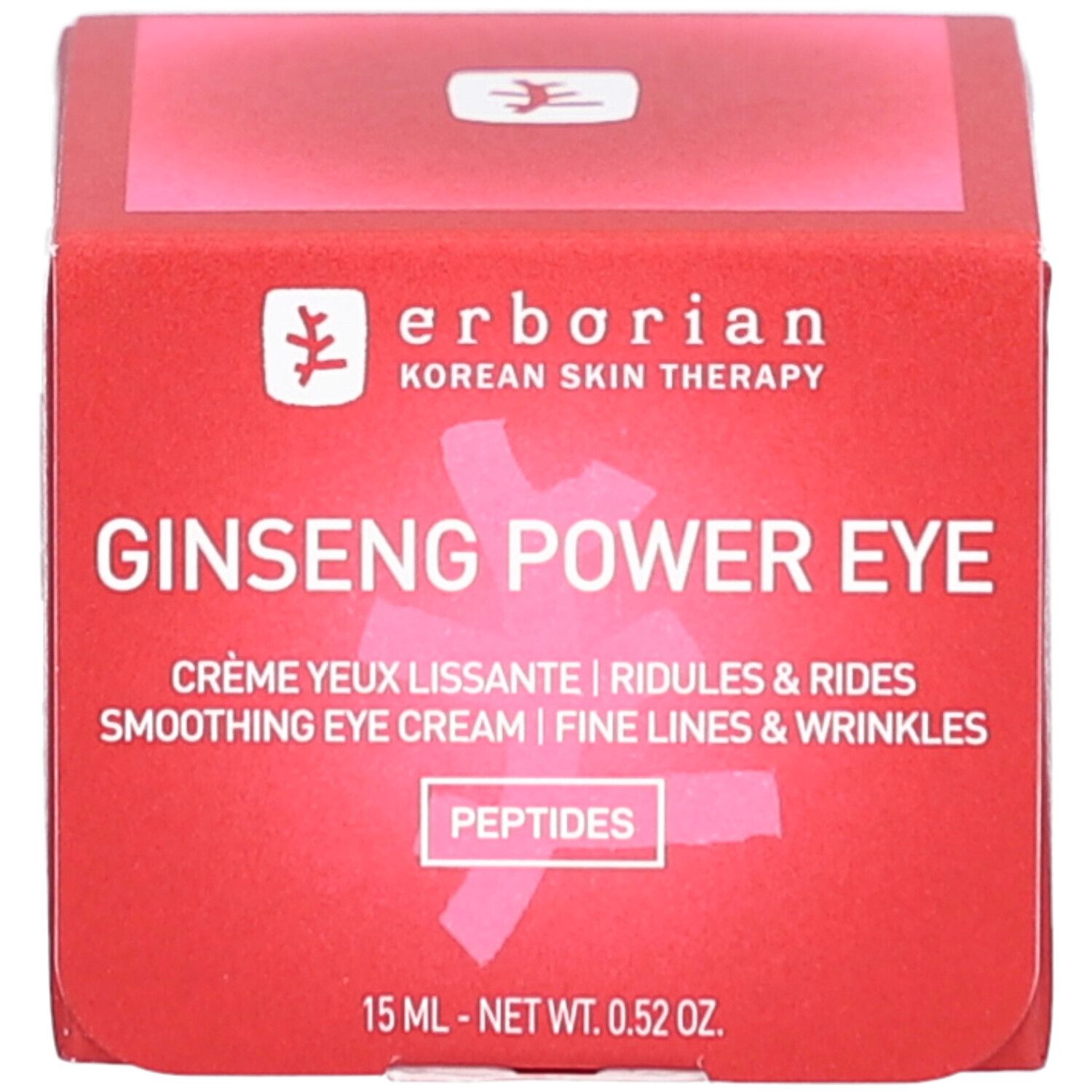 Boîte rouge Ginseng Power Eye, crème yeux lissante. Contient des peptides. 15 ml.