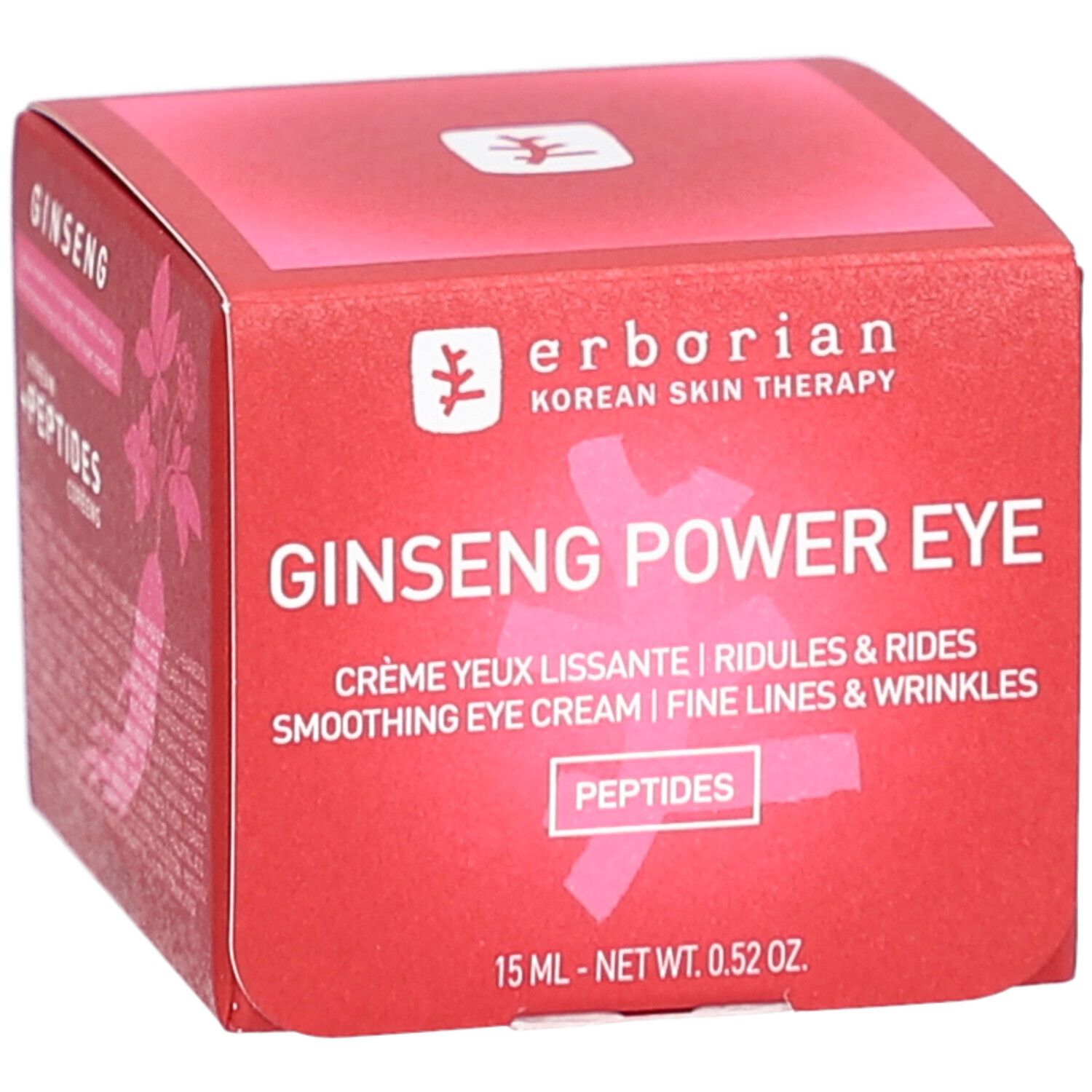 Boîte rouge Ginseng Power Eye, crème yeux lissante. Contient des peptides. 15 ml.