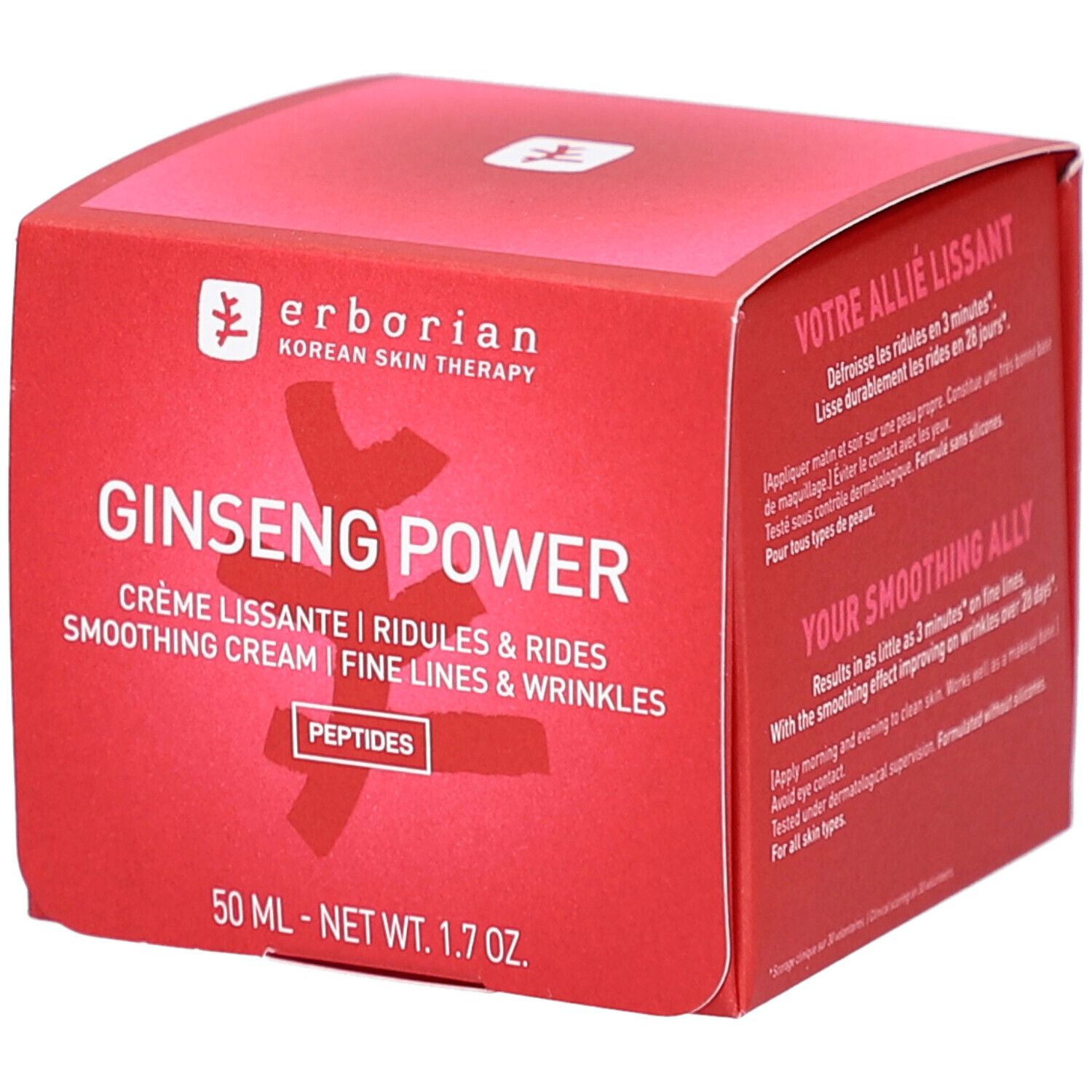 Boîte rouge avec nom du produit et texte. Contient Ginseng Power, peptides et indication de volume. Marque : erborian.