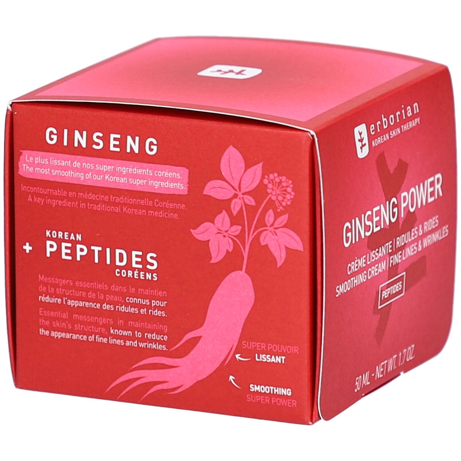Boîte rouge avec nom du produit et texte. Contient Ginseng Power, peptides et indication de volume. Marque : erborian. Avec illustration.