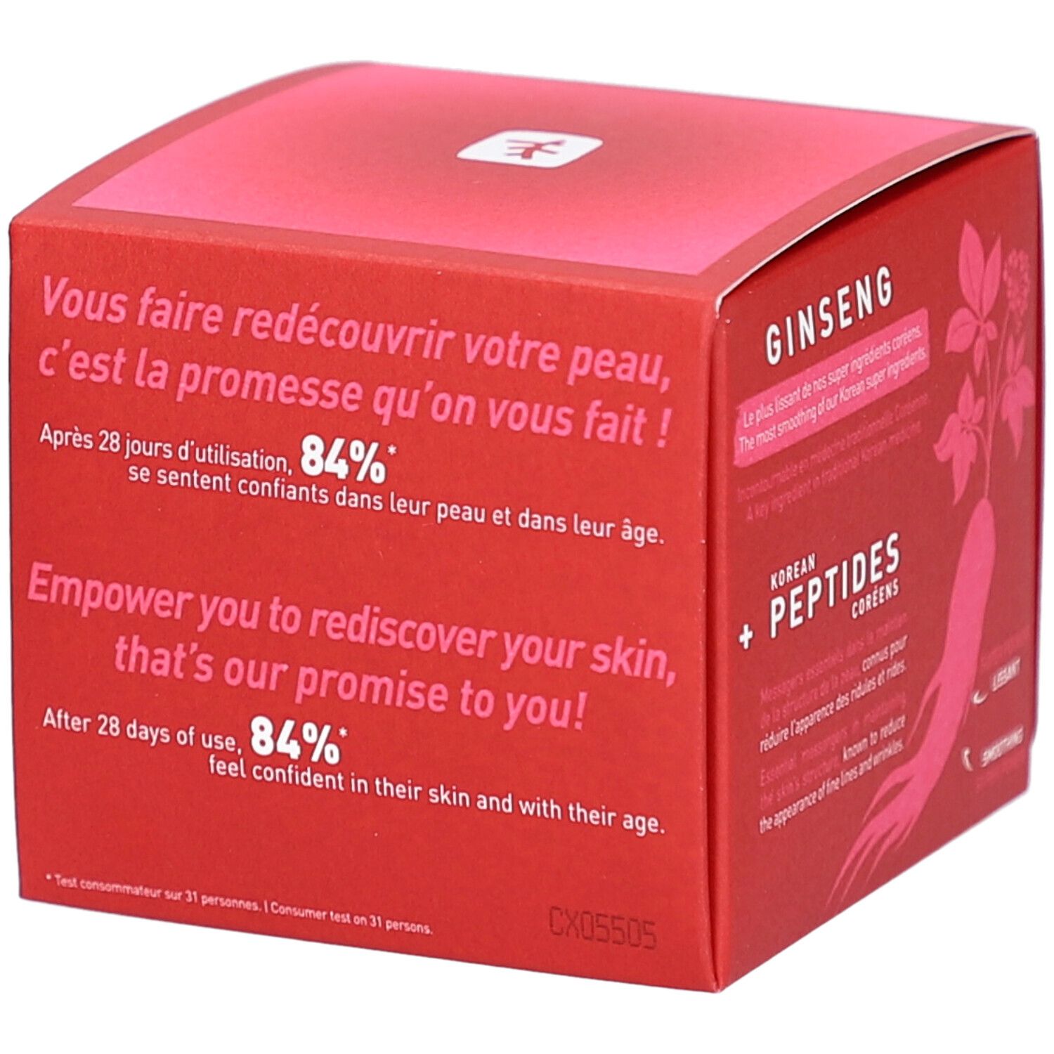 Boîte rouge avec texte. Contient des informations sur le produit et la marque. Avec pourcentage.