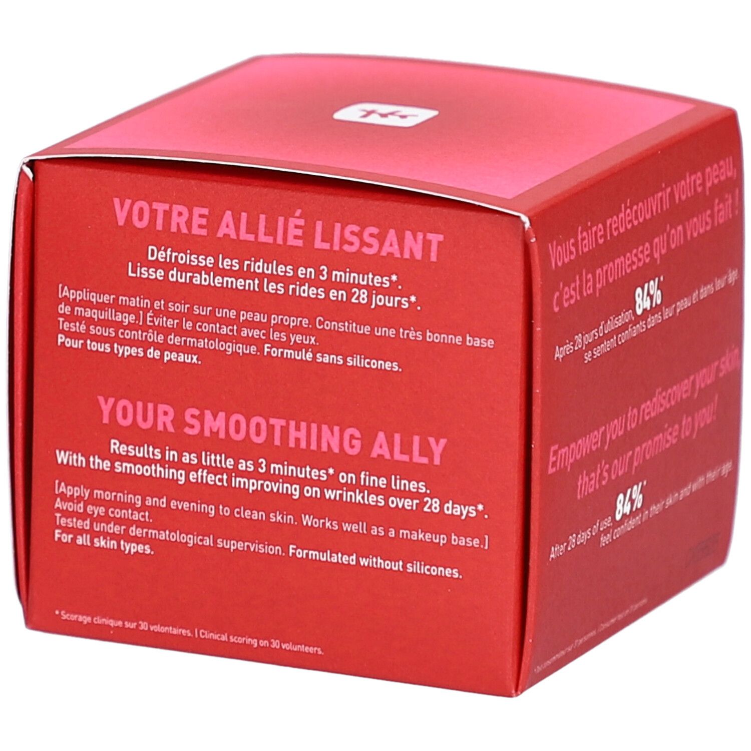 Boîte rouge avec texte. Contient des informations sur le produit et la marque. Avec texte sur l'utilisation.