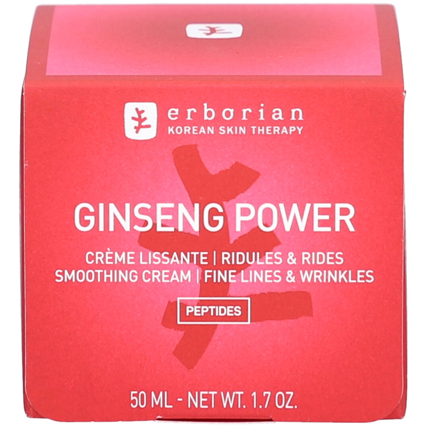 Boîte rouge avec nom du produit et texte. Contient Ginseng Power, peptides et indication de volume. Marque : erborian.