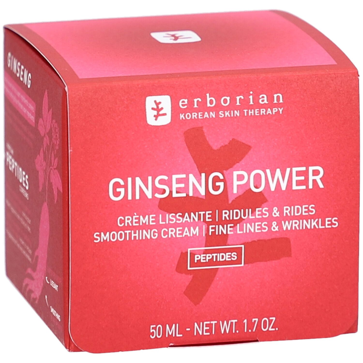 Boîte rouge avec nom du produit et texte. Contient Ginseng Power, peptides et indication de volume. Marque : erborian.
