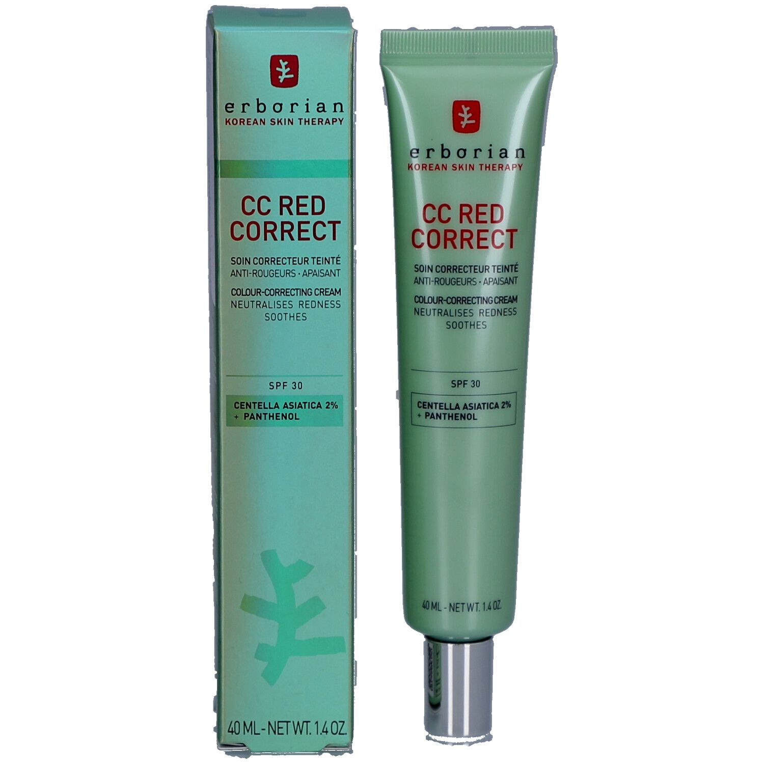 Emballage du produit: tube et boîte. Inscription: CC RED CORRECT. Contient SPF 30 et Centella Asiatica 2% + Panthénol.
